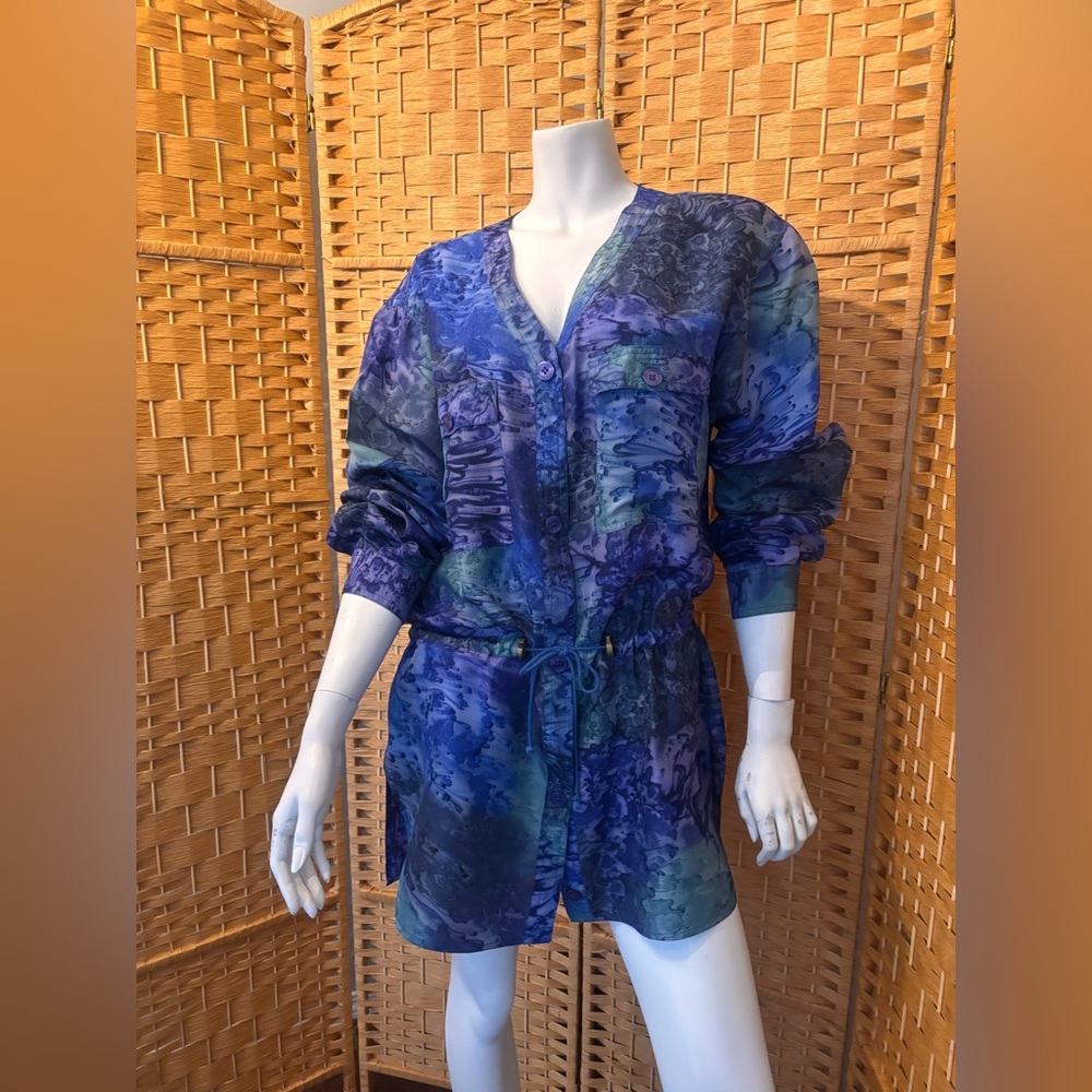 100% Silk Blue and Green Ice Dyed Long Blouse Tunic Dress